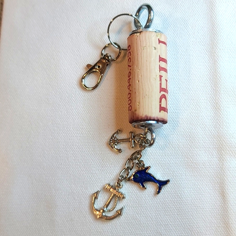 Wine Cork Key Chain - Nautical & Dolphin Charms - Upcycled Wine Cork